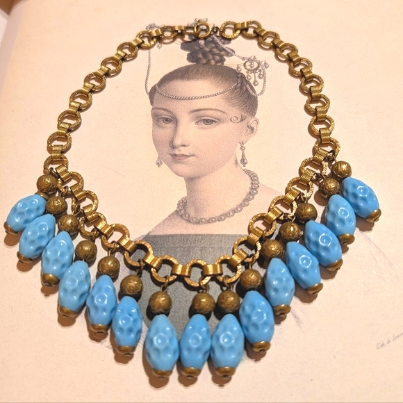 Antique Jewelry - Antique Bookchain Czech Molded Pressed Sky Blue Glass Dangles Choker Necklace